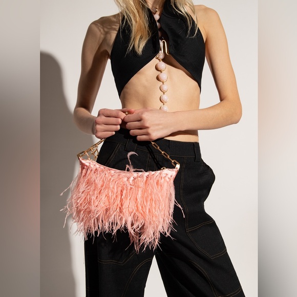 🌺🎉HP🎉🌺 NWT Cult Gaia Gia Ostrich Feather & Pearl Shoulder Bag Azalea 🌟Rare🌟 - Picture 9 of 16